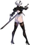  1girl ass back_cutout black_blindfold black_footwear black_hairband blindfold boots chain clothing_cutout covered_eyes feather-trimmed_sleeves feather_trim full_body hairband high_heels highres holding holding_sword holding_weapon juliet_sleeves leotard long_sleeves nier_(series) nier_reincarnation non-web_source official_art profile puffy_sleeves solo standing sword thigh_boots thighhighs thighhighs_under_boots thong_leotard transparent_background weapon yorha_no._2_type_b yoshida_akihiko 