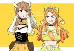 angry bow breasts brown_hair cleavage etie_(fire_emblem) fire_emblem fire_emblem_engage flyer_27 goldmary_(fire_emblem) green_bow green_eyes height_difference long_hair looking_at_another orange_hair swept_bangs 