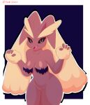  4_fingers absurd_res anthro bat_(object) breasts brown_body brown_fur female fingers fur generation_4_pokemon hi_res lagomorph looking_at_viewer lopunny mammal nintendo pink_nose pokemon pokemon_(species) red_eyes sheor smile solo yellow_body yellow_fur 