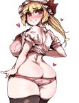  1girl ass black_thighhighs blonde_hair blush bra breasts butt_crack closed_mouth commentary_request cowboy_shot curvy fang flandre_scarlet haseru_(ginku_mh) hat hat_ribbon heart large_breasts looking_at_viewer medium_hair mob_cap one_side_up panties pink_bra pink_panties red_eyes red_ribbon ribbon shirt short_sleeves simple_background smile solo thighhighs touhou underwear white_background white_headwear white_shirt 