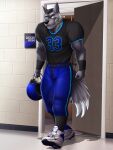  2016 american_football anthro armor biceps big_muscles biped black_nose bottomwear bulge canid canine canis cleats clothed clothing digital_media_(artwork) digital_painting_(artwork) dream_and_nightmare eyebrows football_jersey football_player football_uniform footwear front_view fully_clothed fur fur_tuft gloves handwear headgear helmet hi_res holding_object jersey legwear looking_at_viewer male mammal muscular muscular_anthro muscular_male nike number number_on_clothing number_on_jersey number_on_topwear number_print pants print_clothing print_jersey print_topwear rock_markenson shaded shadow shirt shoes shorts simple_background socks soft_shading solo sport thigh_highs thigh_socks topwear tuft uniform white_clothing white_footwear wolf 