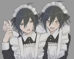  2boys :d ahoge alternate_costume annoyed apron black_dress black_ribbon blush brown_eyes collared_dress danganronpa_(series) danganronpa_v3:_killing_harmony dress dual_persona enmaided grey_background hair_ribbon hand_on_another&#039;s_shoulder hand_up highres looking_at_another maid maid_apron maid_headdress male_focus multiple_boys ribbon saihara_shuuichi simple_background smile teeth upper_teeth_only yu_sha_rei 