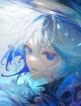  1girl air_bubble blue_eyes blue_hair bubble crying crying_with_eyes_open fang floating_hair furina_(genshin_impact) genshin_impact hair_between_eyes highres kkamiiz long_hair looking_at_viewer lower_teeth_only multicolored_hair open_mouth portrait reflection reflective_water solo streaked_hair teardrop tears teeth water 