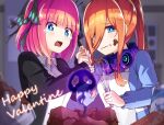  2girls apron black_jacket black_ribbon blue_eyes blue_nails blue_sweater blunt_bangs blurry blurry_background breasts bright_pupils brown_hair butterfly_hair_ornament chocolate chocolate_on_face collared_shirt commentary depth_of_field floating_skull food food_on_face frown glowing_smoke go-toubun_no_hanayome hair_ornament hair_over_one_eye hair_ribbon hand_up happy_valentine headphones headphones_around_neck holding_hands hyoe_(hachiechi) indoors jacket large_breasts light_blush long_hair looking_at_food medium_hair multiple_girls nail_polish nakano_miku nakano_nino open_mouth ponytail ribbon scared shirt siblings sidelocks sisters sleeves_past_wrists straight_hair sweater tearing_up tears twins two_side_up upper_body v-shaped_eyebrows valentine wavy_mouth white_apron white_pupils white_shirt wide-eyed 