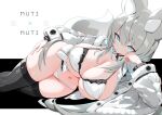  1girl animal_ears aqua_eyes black_thighhighs bra breasts cleavage coat commentary elbow_rest feet_out_of_frame fox_ears fox_girl fox_tail grey_hair hair_between_eyes hand_on_own_thigh head_rest highres large_breasts long_hair looking_at_viewer lying mamuru navel on_side open_clothes original panties shirt skindentation solo tail thighhighs thighs underwear very_long_hair white_bra white_coat white_panties white_shirt 
