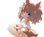  1girl animal_ears bench blue_eyes breasts chibi collarbone commentary eating flip-flops glint hair_ornament holding_popsicle horse_ears horse_girl huge_breasts light_brown_hair long_hair looking_at_viewer ponytail sandals short_sleeves sitting sitting_on_bench solo star_(symbol) star_hair_ornament sweat swimsuit swimsuit_under_clothes taiki_shuttle_(umamusume) thighs umamusume warashi 