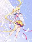  1girl angel_wings bishoujo_senshi_sailor_moon blonde_hair blue_eyes boots choker crescent crescent_earrings crescent_facial_mark double_bun earrings elbow_gloves eternal_sailor_moon facial_mark falling_feathers feathered_wings feathers feet_out_of_frame forehead_mark gloves hair_bun hair_ornament highres jewelry knee_boots long_hair looking_at_viewer multicolored_clothes multicolored_skirt open_mouth outstretched_arms parted_bangs puffy_short_sleeves puffy_sleeves red_choker sailor_moon sailor_senshi_uniform see-through see-through_sleeves short_sleeves sidelocks sidney_deng signature skirt smile solo star_(symbol) star_earrings tsukino_usagi twintails very_long_hair white_feathers white_footwear white_gloves white_wings wings 