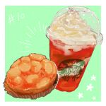  dessert drink food food_focus fruit_tart green_background no_humans numbered original simple_background starbucks still_life takisou_sou tart_(food) whipped_cream 