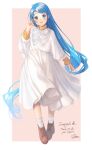  1girl absurdres blue_eyes blue_hair brown_footwear commission dress embroidery highres kantai_collection long_dress long_hair long_sleeves rom_(rommmoon) samidare_(kancolle) skeb_commission socks sweater_under_dress very_long_hair white_dress white_socks 