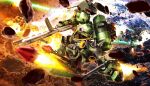  3d asteroid battle beam_rifle cable char&#039;s_counterattack cloud commentary_request debris energy_gun explosion firing geara_doga gundam highres hose igaraigara mecha mobile_suit no_humans one-eyed realistic robot rocket thrusters tube weapon 