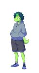  anthro bottomwear clothing colored dilophosaurid dilophosaurus dinosaur footwear goodbye_volcano_high green_body hair hand_in_pocket head_crest hi_res hoodie male milhouse_(gvh) orange_eyes plantigrade pockets reptile scalie shoes shorts snoot_game solo tail theropod topwear unknown_artist 