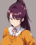  &gt;:) 1girl breasts brown_eyes closed_mouth dress grey_background juliet_sleeves large_breasts long_hair long_sleeves looking_at_viewer neck_ribbon orange_dress original ponytail puffy_sleeves purple_hair red_ribbon ribbon sanrokumaru simple_background smile solo upper_body v-shaped_eyebrows very_long_hair 