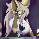  1:1 absurd_res anthro bathroom big_breasts big_ears breast_squish breasts canid canine cellphone clothed clothing detailed_background digital_media_(artwork) eye_through_hair fay_(fennythefox) female fennec fennythefox fox fur hair hi_res huge_breasts lgbt_pride looking_at_viewer mammal mirror mirror_reflection mirror_selfie note phone pride_colors purple_background reflection selfie serious_face short_stack simple_background sink smartphone solo squish straight_ally_colors text thick_thighs translucent translucent_hair wide_hips 