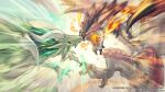  1boy 1other artist_request breathing_fire claws commentary_request copyright_name dragalia_lost dragon dragon_boy dragon_horns dragon_tail dragon_wings fangs fighting fire horns looking_at_another midgardsormr_(dragalia_lost) monster_hunter_(series) official_art rathalos roaring tail wings 