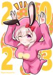  1girl 2023 ;) absurdres animal_ears animal_hood arms_up bow breasts brown_hair chinese_zodiac closed_mouth curren_chan_(umamusume) ear_bow fake_animal_ears full_body goom_(goomyparty) hair_between_eyes heart highres hood hood_up kneeling looking_at_viewer medium_breasts no_shoes notice_lines one_eye_closed onesie outline purple_eyes rabbit_ears rabbit_hood rabbit_pose rabbit_tail red_bow smile solo tail twitter_username umamusume white_outline year_of_the_rabbit 