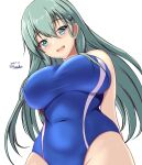  1girl aqua_eyes aqua_hair blue_one-piece_swimsuit blush breasts competition_swimsuit covered_navel cowboy_shot dated hair_between_eyes hair_ornament hairclip highres kantai_collection large_breasts long_hair looking_at_viewer montemasa one-hour_drawing_challenge one-piece_swimsuit open_mouth simple_background smile solo suzuya_(kancolle) swimsuit twitter_username two-tone_swimsuit white_background 