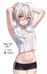  1girl armpits arms_up black_shorts blush commentary crossed_bangs english_commentary english_text glasses grey_hair hair_between_eyes hair_tie_in_mouth hands_in_hair highres indie_virtual_youtuber looking_at_viewer medium_hair meme mouth_hold navel red_eyes saruei saruei_(vtuber) shirt short_shorts shorts simple_background sleeveless solo stomach twitter_strip_game_(meme) tying_hair virtual_youtuber white_background white_shirt 