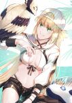  1girl absurdres animal_on_arm artoria_caster_(swimsuit)_(fate) bikini bikini_under_clothes bird bird_on_arm black_shorts blonde_hair breasts cleavage criss-cross_halter fate/grand_order fate_(series) green_eyes grin hair_between_eyes halterneck highres long_hair long_sleeves sailor_collar short_shorts shorts shrug_(clothing) sitting small_breasts smile solo swimsuit very_long_hair white_bikini white_headwear white_sailor_collar wristband yamano_udumi 