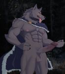  anthro aroused balls big_penis blush bodily_fluids canid canine canis cape cape_only clothing crotch_tuft forest fur genital_fluids genitals hand_on_hip hi_res looking_at_viewer male mammal mostly_nude muscular muscular_male nails narrowed_eyes navel nipples nude penis plant precum solo standing sweat teeth tongue tongue_out tree tuft vein veiny_penis wolf xan_(pixiv) 