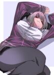  1girl black_jacket black_pants bow bowtie bra breasts button_gap commentary_request fu-ta gridman_universe highres jacket large_breasts long_hair long_sleeves lying on_back pants pink_bow pink_bowtie purple_hair red_eyes school_uniform shinjou_akane shirt short_hair smile solo ssss.gridman underwear white_bra white_shirt 