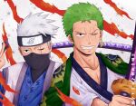  2boys crossover earrings green_hair grey_hair hatake_kakashi holding holding_sword holding_weapon japanese_clothes jewelry looking_at_viewer mask mouth_mask multiple_boys naruto naruto_(series) naruto_shippuuden one_eye_closed one_piece roronoa_zoro sawada-china scar scar_across_eye short_hair smile spiked_hair sword weapon 