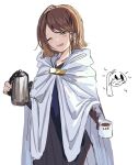  1girl blush brown_hair cape closed_eyes coffee happy highres inudogsaikou library_of_ruina moirai_(library_of_ruina) open_mouth project_moon thermos white_cape 