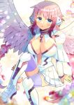  1girl :o blue_eyes blush boots breasts broken broken_chain chain commentary_request commission dress feathered_wings hair_between_eyes ikaros knee_boots knee_up kou_hiyoyo large_breasts looking_at_viewer navel parted_lips pink_hair purple_thighhighs robot_ears sitting skeb_commission solo sora_no_otoshimono thighhighs thighhighs_under_boots white_dress white_footwear white_wings wings 