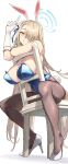 1girl animal_ears asuna_(blue_archive) asuna_(bunny)_(blue_archive) blonde_hair blue_archive blue_eyes blue_leotard blue_ribbon breasts brown_pantyhose chair cleavage fake_animal_ears fake_tail gloves hair_over_one_eye hair_ribbon halo highres large_breasts leotard long_hair mole mole_on_breast nonco official_alternate_costume on_chair pantyhose playboy_bunny rabbit_ears rabbit_tail ribbon shoes simple_background sitting smile solo tail v white_background white_footwear white_gloves 