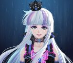  1girl bai_guangying_(ye_luoli) black_dress black_headwear blunt_bangs crown crying dark_background dress frilled_dress frills grey_eyes grey_hair highres kumu_zaisheng looking_at_viewer mini_crown multicolored_hair parted_lips pink_hair rain solo streaked_hair streaming_tears tears upper_body ye_luoli 