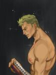  1boy bara crowsizna earrings fighting_stance from_side green_hair highres jewelry large_pectorals long_sideburns male_focus muscular muscular_male nude one_piece pectorals profile ready_to_draw roronoa_zoro scar scar_across_eye short_hair sideburns single_earring solo upper_body 