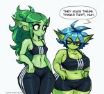  big_breasts bottomwear bra breasts clothed clothing duo female frown goblin green_body green_skin huge_breasts humanoid humanoid_pointy_ears midriff not_furry shorts simple_background sports_bra sports_bra_difference_meme twistingtoxic underwear white_background 