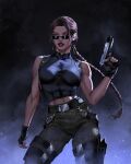  1girl abs alexineskiba crop_top dark_background fingerless_gloves gloves gun handgun highres lara_croft long_braid long_hair looking_ahead sunglasses thick_thighs thighs tomb_raider toned turtleneck weapon 