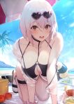  1girl absurdres all_fours azur_lane beach beach_mat beach_umbrella bikini black_bikini black_footwear blue_sky blush breasts choker cleavage cloud collarbone day eyewear_on_head food hair_between_eyes heart heart-shaped_eyewear highres kakage large_breasts light_particles looking_at_viewer manjuu_(azur_lane) navel o-ring o-ring_top official_alternate_costume open_mouth outdoors red_eyes sandals scrunchie see-through shirt short_hair sirius_(azur_lane) sirius_(scorching-hot_seirios)_(azur_lane) sky solo summer sunglasses swimsuit thigh_strap umbrella white_hair white_scrunchie wrist_scrunchie 