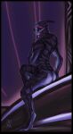  3033 alien bedroom_eyes bodypaint butt face_paint hi_res humanoid looking_at_viewer male mass_effect narrowed_eyes nude pinup pose presenting presenting_hindquarters raised_leg rinve seductive side_view sitting solo turian yellow_eyes 