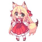  1girl animal_ear_fluff animal_ears commentary_request dress fang fox_ears fox_girl fox_tail full_body green_eyes hair_between_eyes hands_up kinomiki_nobori long_sleeves lowres maid open_mouth original pixel_art red_dress skin_fang solo tail transparent_background wa_maid 