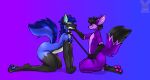  anthro blue_body blue_fur blush canid canine duo eyewear fennec fox fur girly glasses hand_on_chin hi_res leash leash_and_collar male male/male mammal maned_wolf pankanchan pawpads paws piercing purple_body purple_fur thick_thighs 