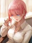  1girl blue_eyes breasts cleavage collared_shirt commentary_request crying crying_with_eyes_open curtains go-toubun_no_hanayome hair_between_eyes highres indoors ishiyuki large_breasts long_sleeves nakano_ichika pink_hair revision shirt short_hair sitting solo tears upper_body white_shirt 