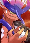  claws commentary_request highres koraidon looking_down no_humans orange_eyes parted_lips pkpokopoko3 pokemon pokemon_(creature) red_background solo spikes tongue upper_body 