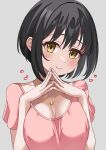  1girl absurdres black_hair blush breasts cleavage collarbone heart highres idolmaster idolmaster_cinderella_girls kamoromance614 large_breasts looking_at_viewer own_hands_together pink_shirt shirt simple_background smile solo takafuji_kako upper_body yellow_eyes 