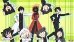  1girl 1other 6+boys :3 abel_(project_moon) abram_(project_moon) adam_(project_moon) animal_ears ayin_(project_moon) black_eyes black_hair black_jacket black_pants black_shirt carnival_phantasm cat_ears catt_(wonder_lab) chibi closed_eyes coat collared_shirt dante_(limbus_company) green_background hair_slicked_back highres jacket leviathan_(project_moon) library_of_ruina limbus_company moses_(the_distortion_detective) multiple_boys necktie neco-arc open_mouth pants parody pointing project_moon red_coat red_eyes red_necktie roland_(library_of_ruina) shirol shirt spoilers super_affection the_distortion_detective vergilius_(project_moon) white_coat white_hair wing_collar wonderlab yellow_eyes 