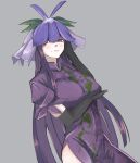  1girl black_gloves black_hair china_dress chinese_clothes closed_mouth cowboy_shot dress elbow_gloves flower flower_on_head gloves grey_background highres kanaria_(bocmn) long_hair purple_dress purple_eyes purple_flower short_sleeves simple_background solo touhou yomotsu_hisami 