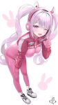  1girl alice_(nikke) animal_ear_headphones animal_ears awa_(awao141) blush bodysuit breasts fake_animal_ears gloves goddess_of_victory:_nikke grey_hair headphones headset highres impossible_bodysuit impossible_clothes index_finger_raised jacket latex latex_bodysuit leaning_forward looking_at_viewer medium_breasts multicolored_clothes one_eye_closed pink_bodysuit pink_eyes pink_gloves pink_headphones red_jacket simple_background sitting skin_tight solo twintails weapon white_background 