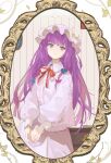  1girl absurdres closed_mouth crescent crescent_hat_ornament daedalu dress hat hat_ornament highres long_hair long_sleeves mob_cap patchouli_knowledge puffy_long_sleeves puffy_sleeves purple_dress purple_eyes purple_hair purple_headwear solo touhou upper_body 