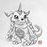  absurdres animal_focus artist_logo cinnastray claws closed_mouth digimon digimon_(creature) eyelashes gabumon grey_background highres horns looking_to_the_side monochrome no_humans outline screentones sharp_teeth simple_background single_horn teeth white_outline 