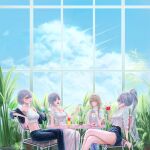  4girls ak-12_(girls&#039;_frontline) ak-15_(girls&#039;_frontline) alternate_costume an-94_(girls&#039;_frontline) blonde_hair blue_sky braid cake cloud cloudy_sky cup cupcake defy_(girls&#039;_frontline) denim denim_shorts dindsau dress drinking drinking_glass drinking_straw food french_braid girls&#039;_frontline grey_hair highres holding holding_cup jacket jeans long_hair long_skirt multiple_girls on_chair pants plate rpk-16_(girls&#039;_frontline) shorts skirt sky sunglasses table white_dress 