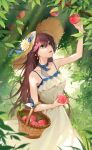 1girl absurdres bare_shoulders breasts brown_hair crazy_ones dress earrings food frilled_dress frills fruit green_eyes hat highres jewelry long_hair medium_breasts official_art open_mouth peach peach_tree red_hair solo star_(symbol) star_earrings su_xiaoye sun_hat white_dress 