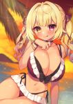  1girl :q ahoge bikini blonde_hair blush bracelet breasts brown_choker choker cleavage closed_mouth cloud collarbone dot_nose frilled_bikini frills glint hair_intakes hair_ribbon heterochromia highleg highleg_bikini highres hoshikawa_sara hoshikawa_sara_(4th_costume) huge_breasts jewelry lips long_hair looking_at_viewer navel nijisanji ocean red_bikini red_eyes red_ribbon ribbon side-tie_bikini_bottom skindentation sky smile solo stomach summer sunlight sunset sweat swimsuit tan thighs tongue tongue_out twintails ujiie virtual_youtuber wide_hips yellow_eyes 