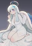  1girl bed bed_sheet blanket blue_archive blunt_bangs breasts cleavage collared_shirt commentary_request grey_hair halo highres index_finger_raised leaning_forward long_hair long_sleeves looking_at_viewer naked_shirt noa_(blue_archive) purple_eyes seiza shirt sidelocks sitting smile solo white_shirt yosik 