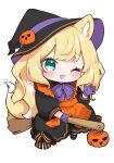  1girl :3 animal_ear_fluff animal_ears apron black_dress blonde_hair blush bow broom broom_riding chibi colored_inner_hair commentary_request dress fang fox_ears fox_girl fox_tail fuwafuwa-chan_(kamiyoshi_rika) gloves green_eyes halloween hand_up hat highres jack-o&#039;-lantern_ornament kamiyoshi_rika long_hair multicolored_hair one_eye_closed open_mouth orange_apron original purple_bow purple_gloves simple_background smile solo tail wavy_hair white_background witch_hat 