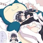  1girl 1other apron black_eyes black_hair bow commentary_request fangs fetal_position frilled_apron frills hair_bow highres imagining low_twintails lying maid maid_apron maid_headdress naitou_kouse on_side open_mouth original panties pillow pokemon pokemon_(creature) pokemon_(game) pokemon_sleep sleeping smile snorlax thought_bubble translation_request twintails underwear white_apron white_bag white_panties 